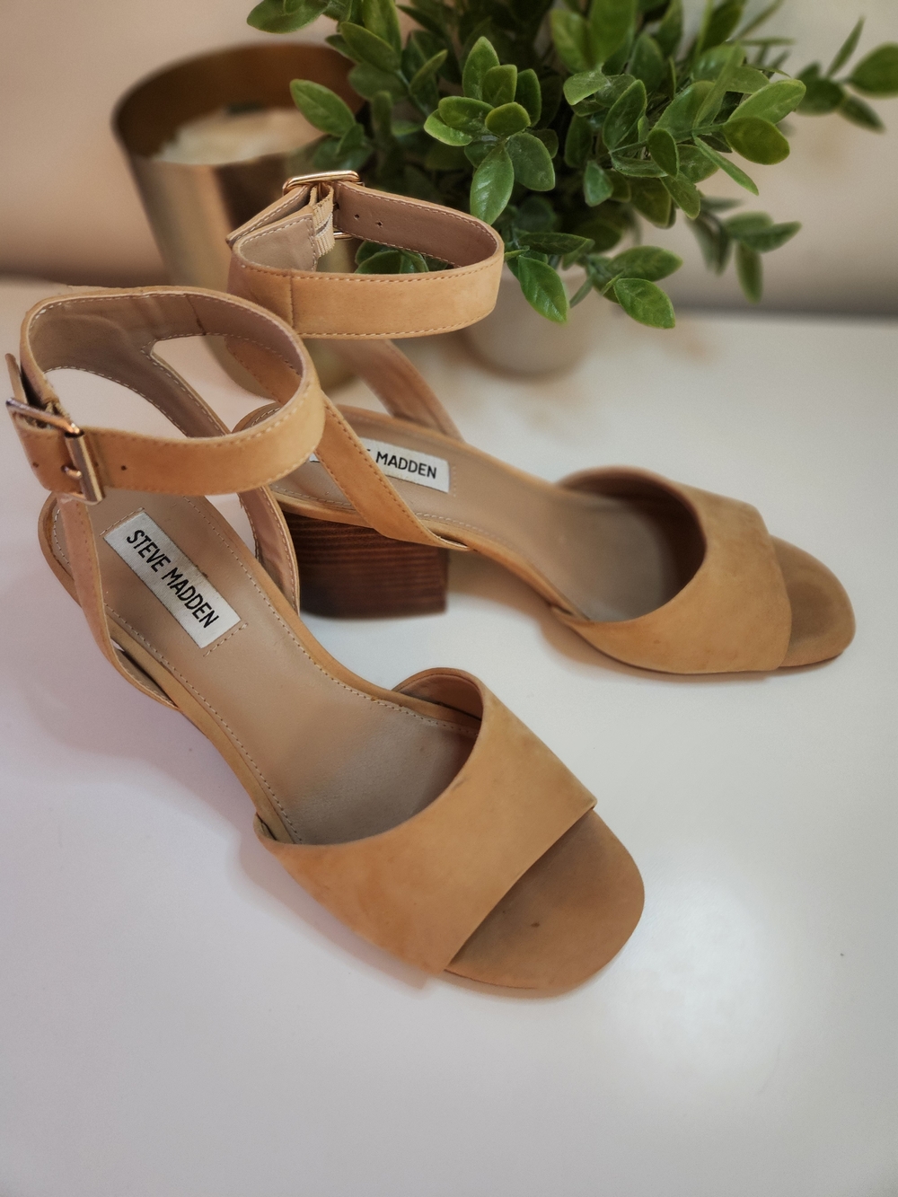 Steve Madden Tan Suede Ankle-Strap Block Heels